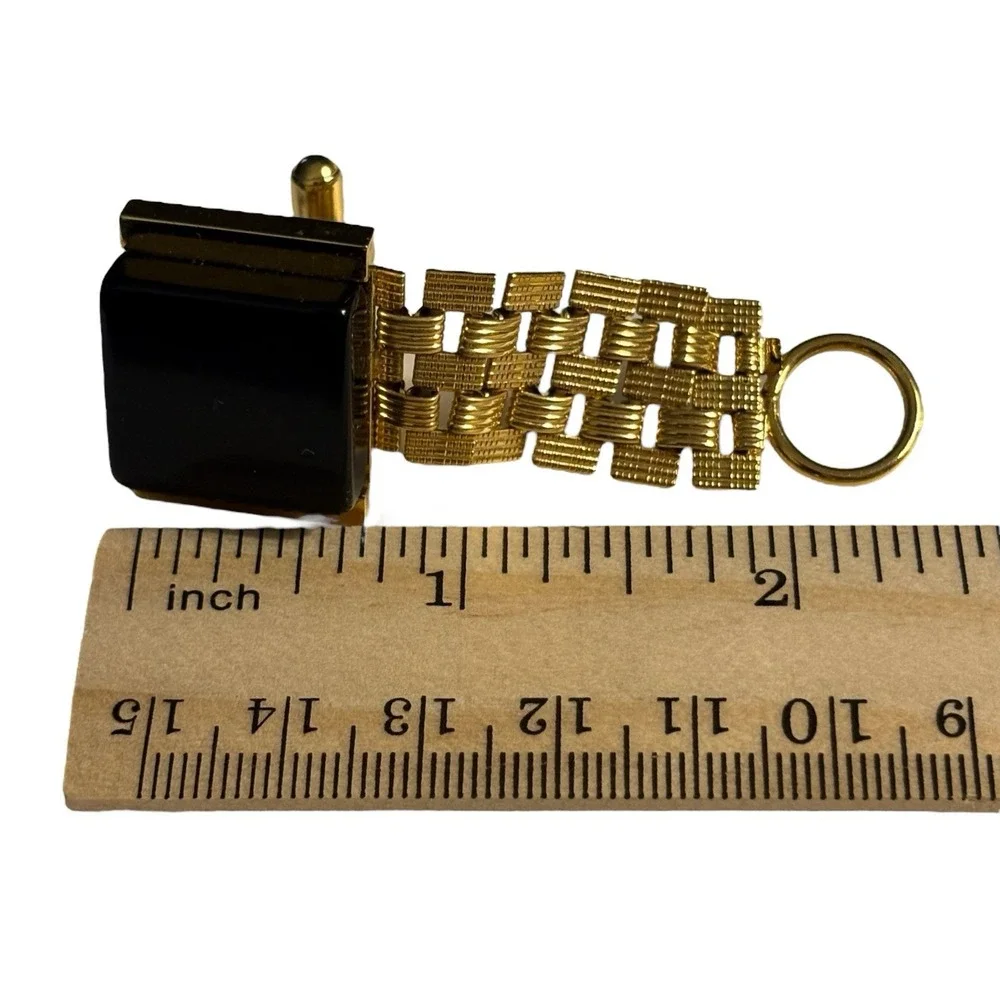 Vintage Cufflinks Black Lucite Wrap‎ Around Gold Tone Watch Band Style Chain